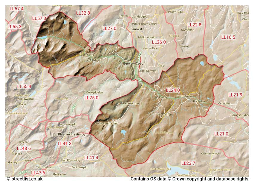 map showing postcode sectors within the LL24 district