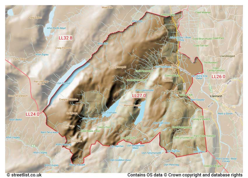 map showing postcode sectors within the LL27 district