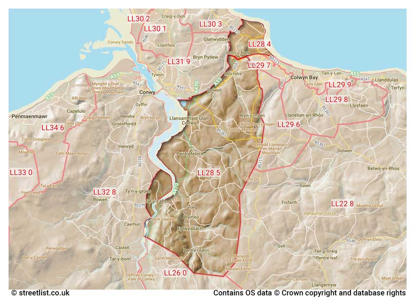 map showing postcode sectors within the LL28 district