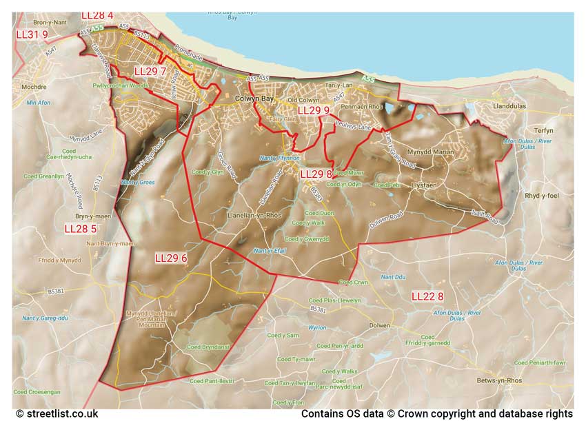 map showing postcode sectors within the LL29 district