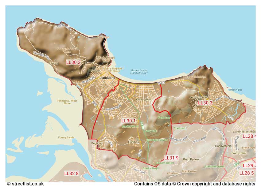 map showing postcode sectors within the LL30 district