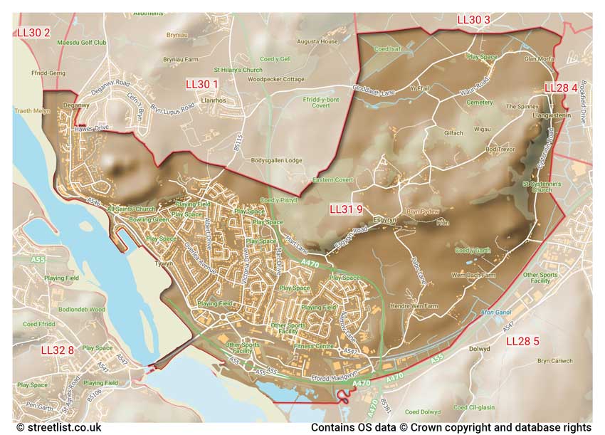 map showing postcode sectors within the LL31 district