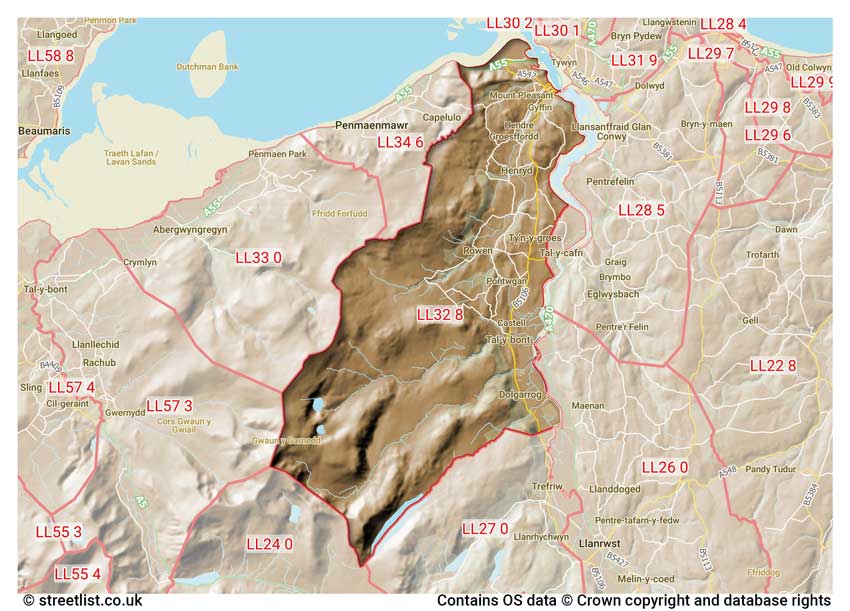 map showing postcode sectors within the LL32 district