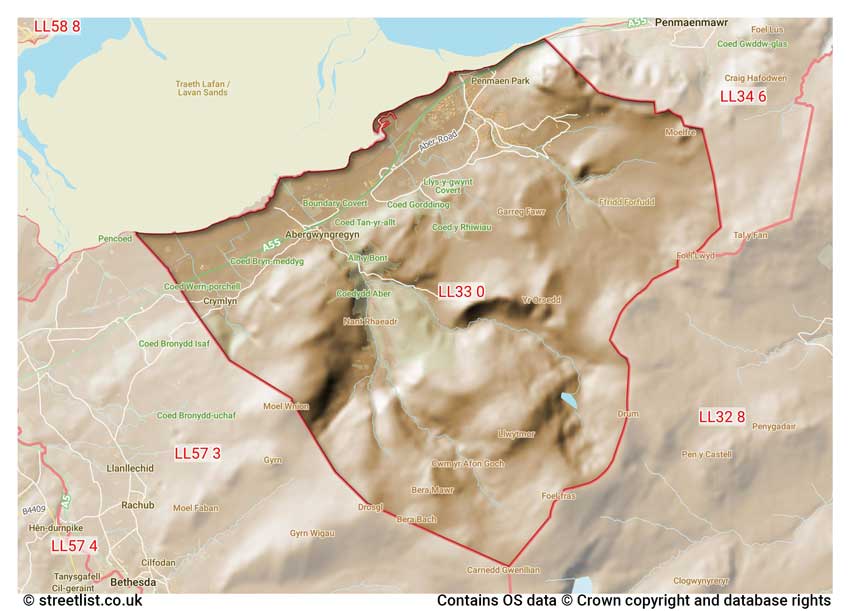 map showing postcode sectors within the LL33 district