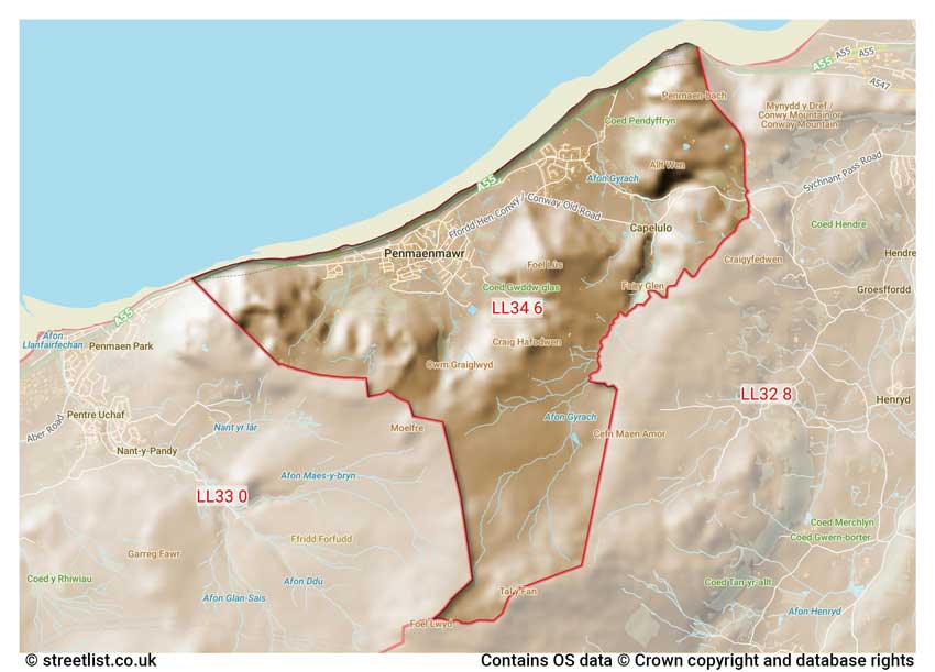 map showing postcode sectors within the LL34 district