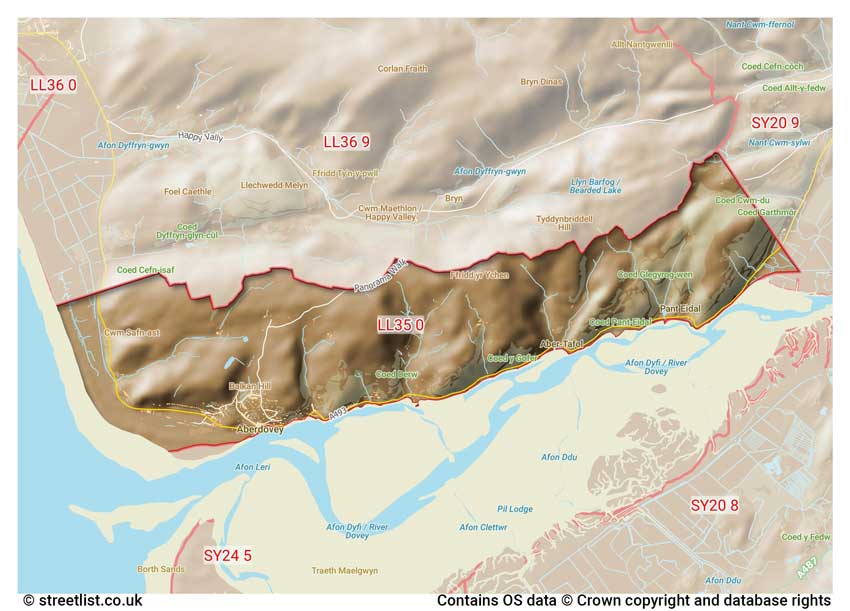 map showing postcode sectors within the LL35 district