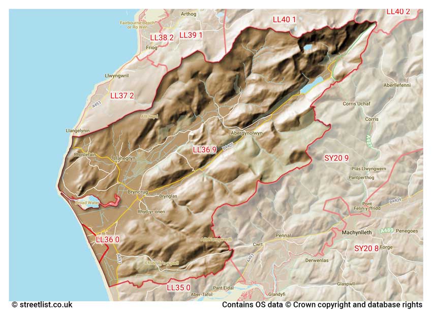 map showing postcode sectors within the LL36 district