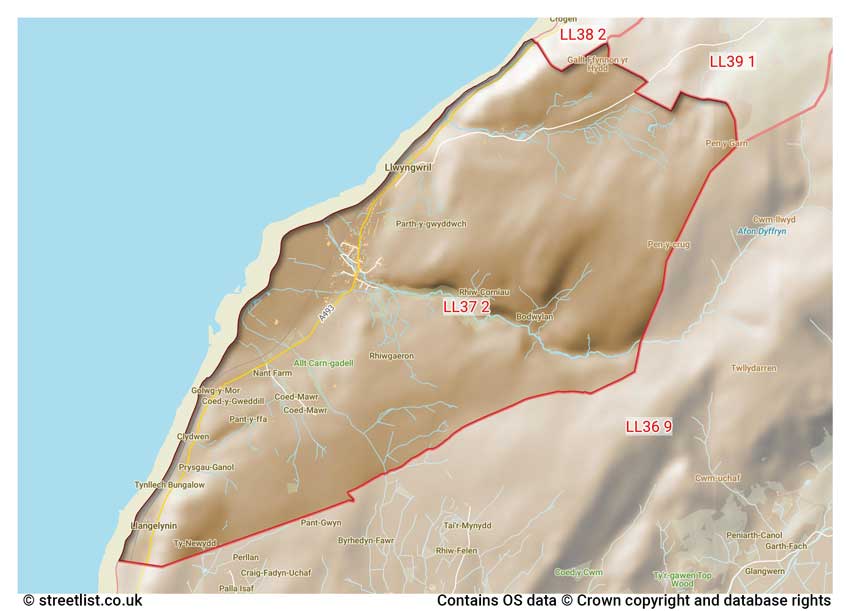 map showing postcode sectors within the LL37 district