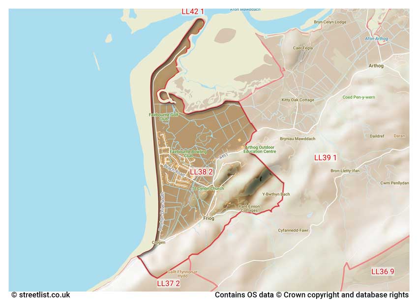 map showing postcode sectors within the LL38 district