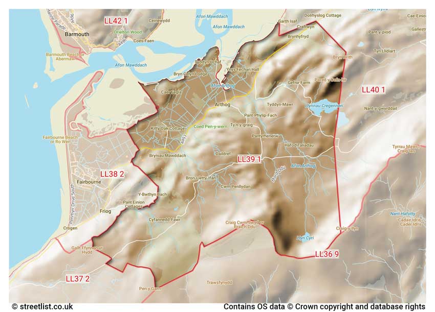 map showing postcode sectors within the LL39 district