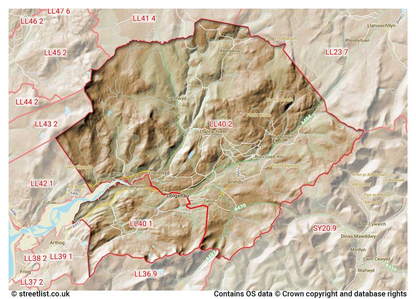 map showing postcode sectors within the LL40 district