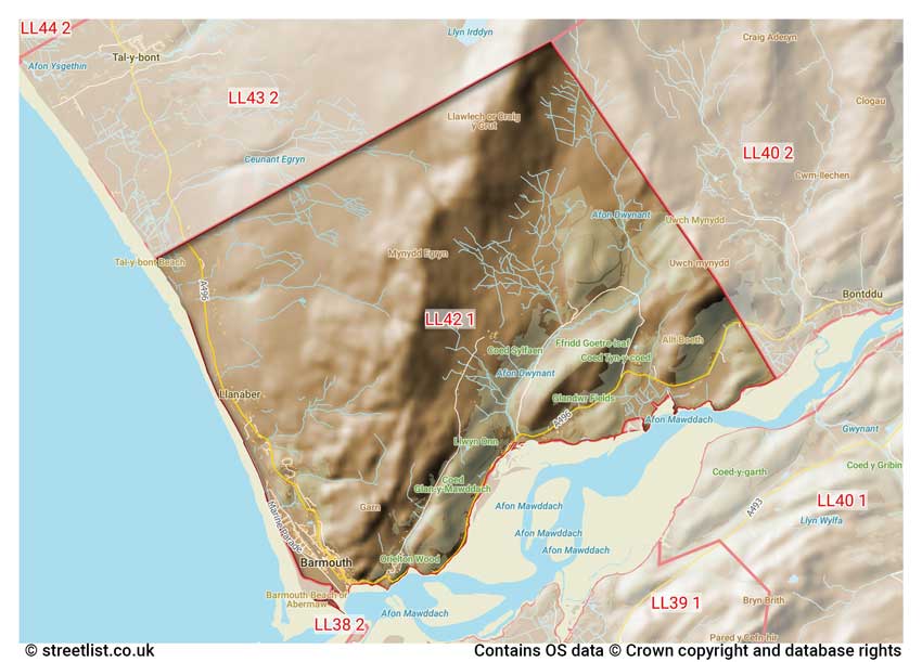 map showing postcode sectors within the LL42 district