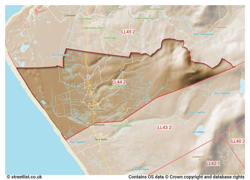 map showing postcode sectors within the LL44 district