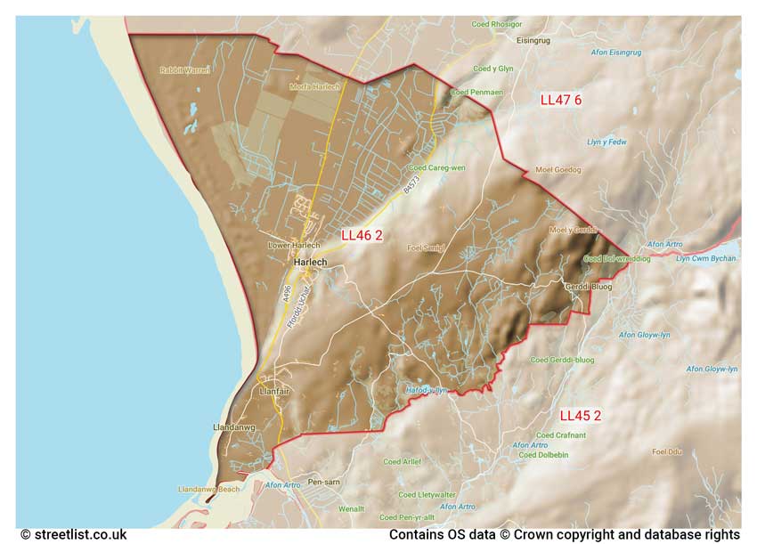 map showing postcode sectors within the LL46 district