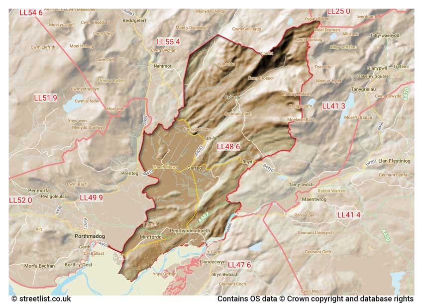 map showing postcode sectors within the LL48 district