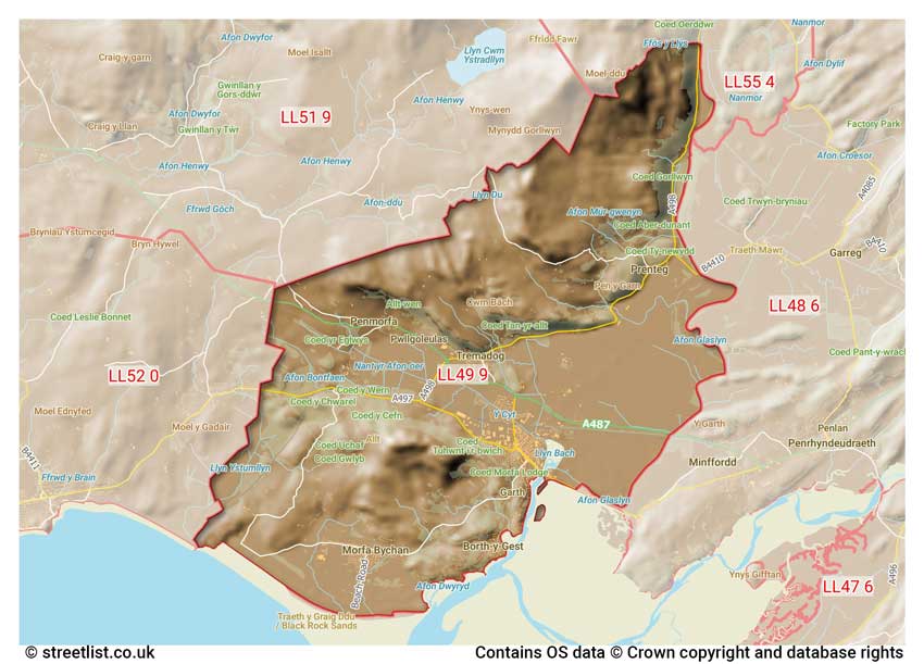 map showing postcode sectors within the LL49 district