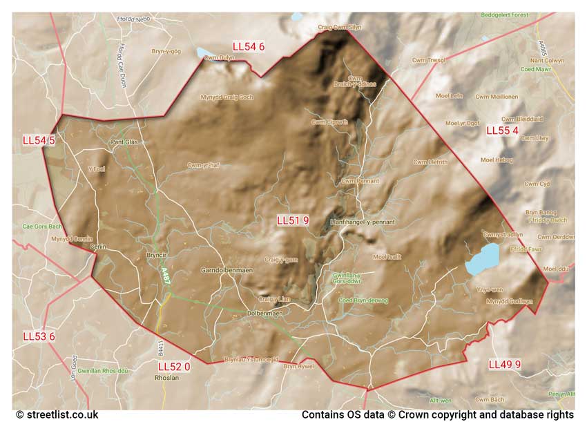 map showing postcode sectors within the LL51 district