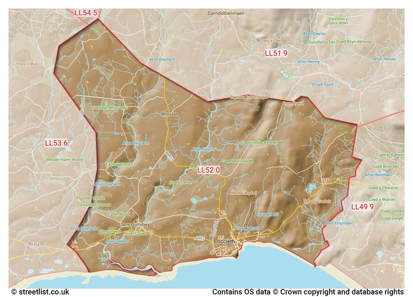 map showing postcode sectors within the LL52 district