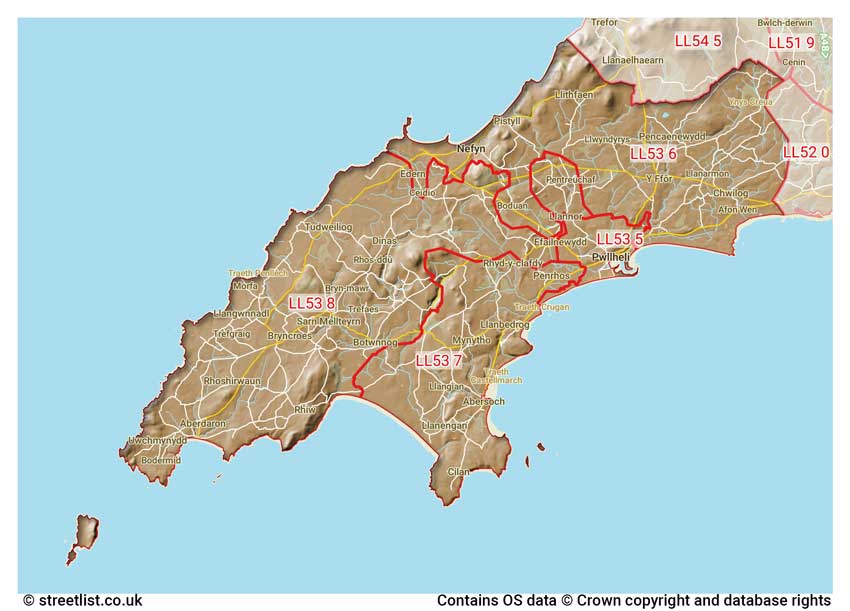 map showing postcode sectors within the LL53 district