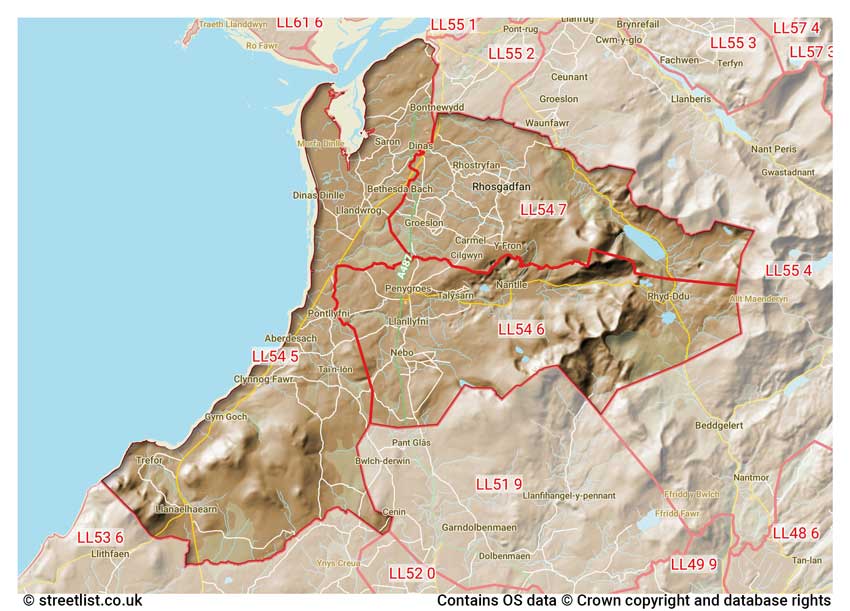 map showing postcode sectors within the LL54 district