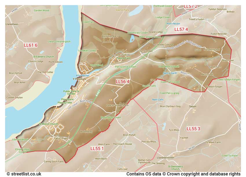 map showing postcode sectors within the LL56 district