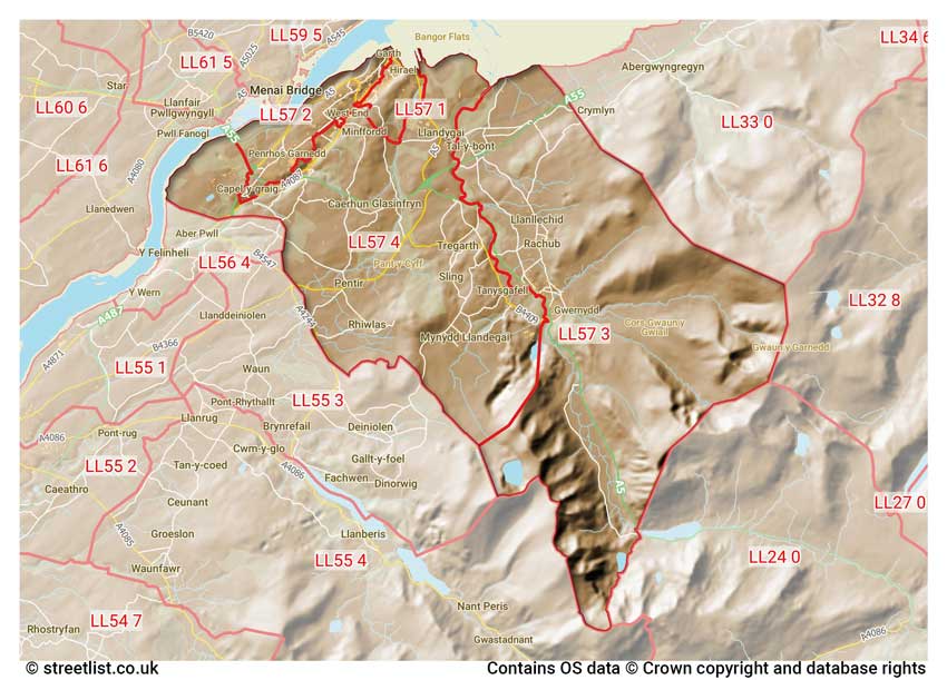 map showing postcode sectors within the LL57 district