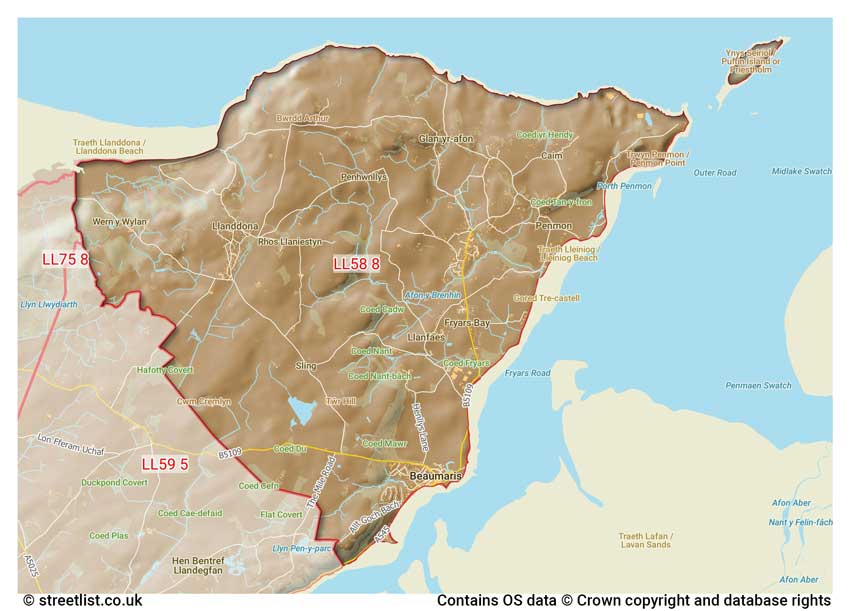 map showing postcode sectors within the LL58 district