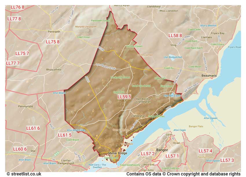 map showing postcode sectors within the LL59 district