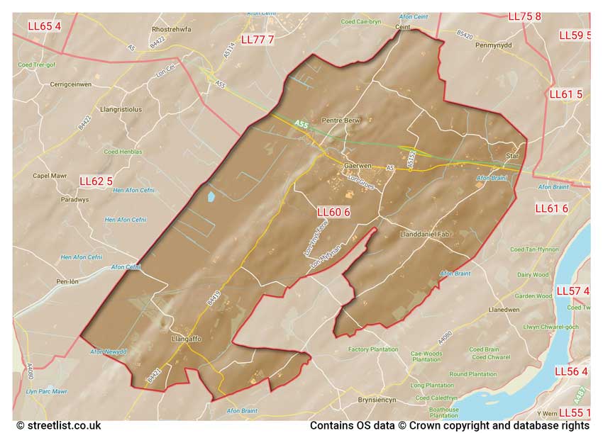 map showing postcode sectors within the LL60 district