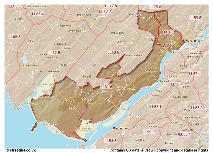 map showing postcode sectors within the LL61 district