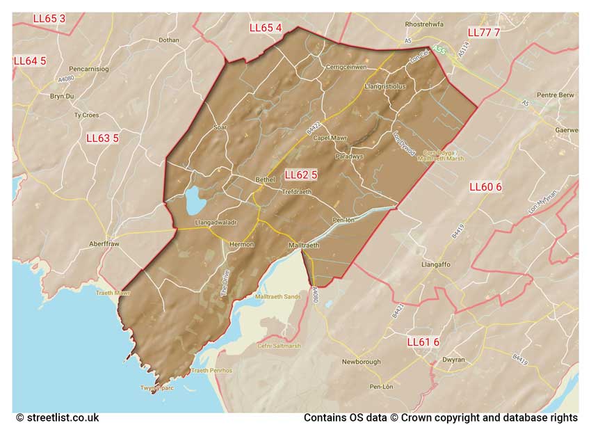 map showing postcode sectors within the LL62 district