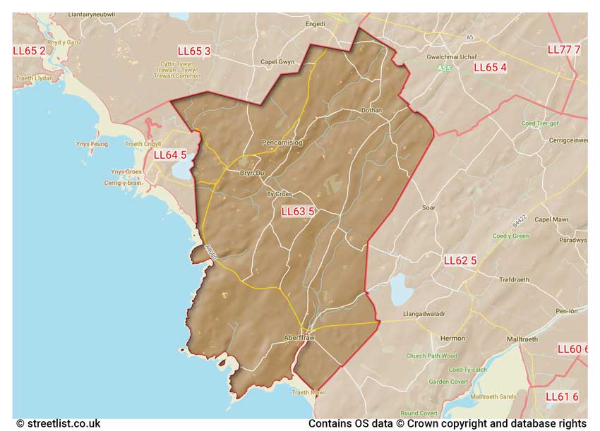 map showing postcode sectors within the LL63 district