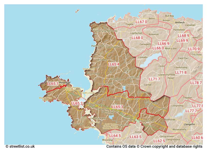 map showing postcode sectors within the LL65 district