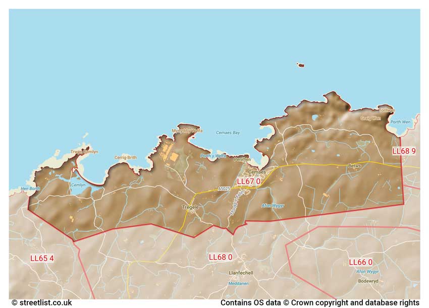 map showing postcode sectors within the LL67 district