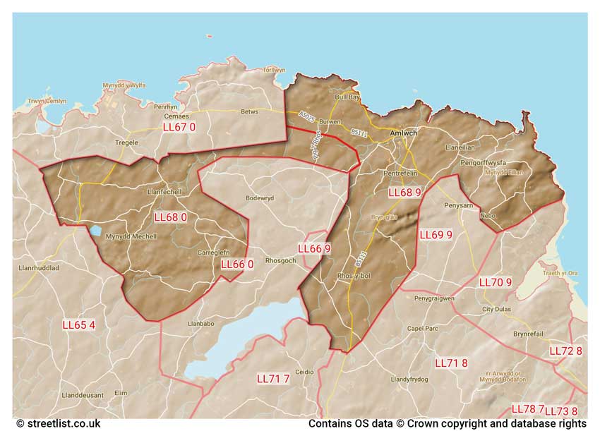 map showing postcode sectors within the LL68 district