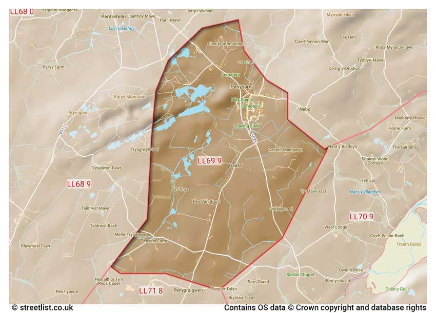 map showing postcode sectors within the LL69 district