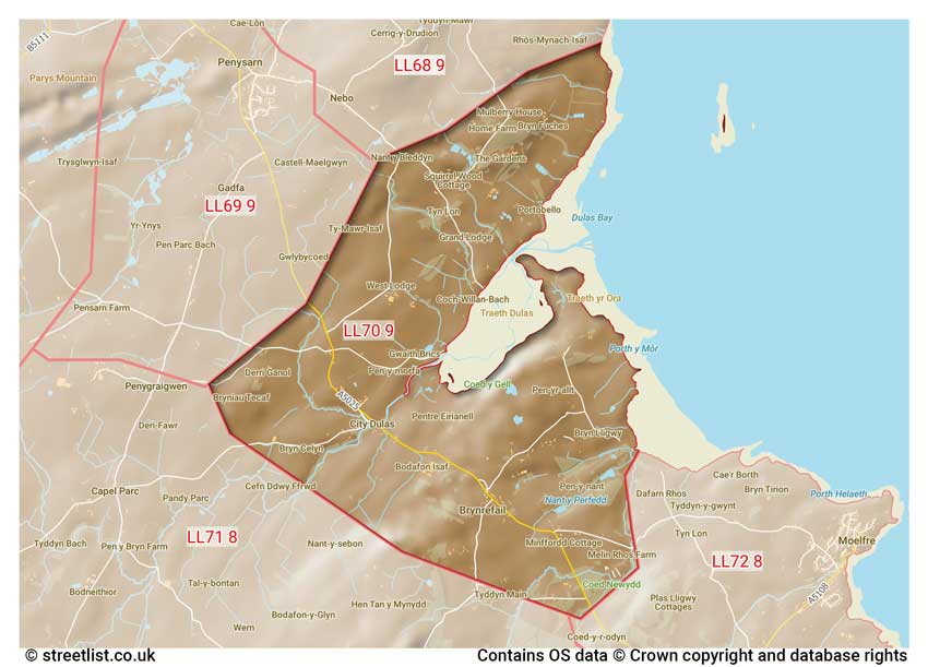 map showing postcode sectors within the LL70 district