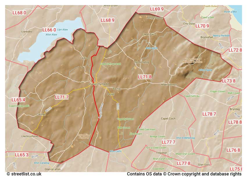 map showing postcode sectors within the LL71 district