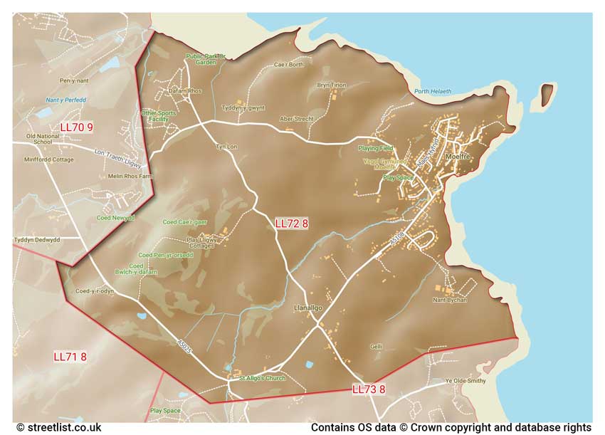 map showing postcode sectors within the LL72 district