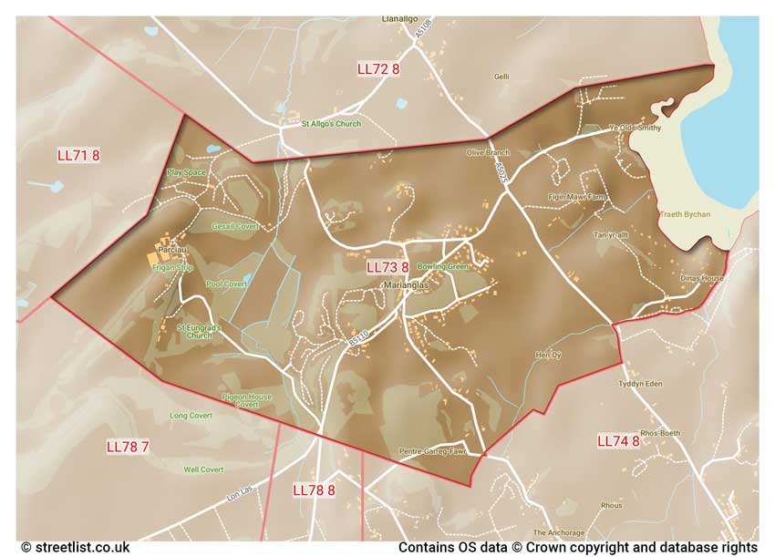 map showing postcode sectors within the LL73 district