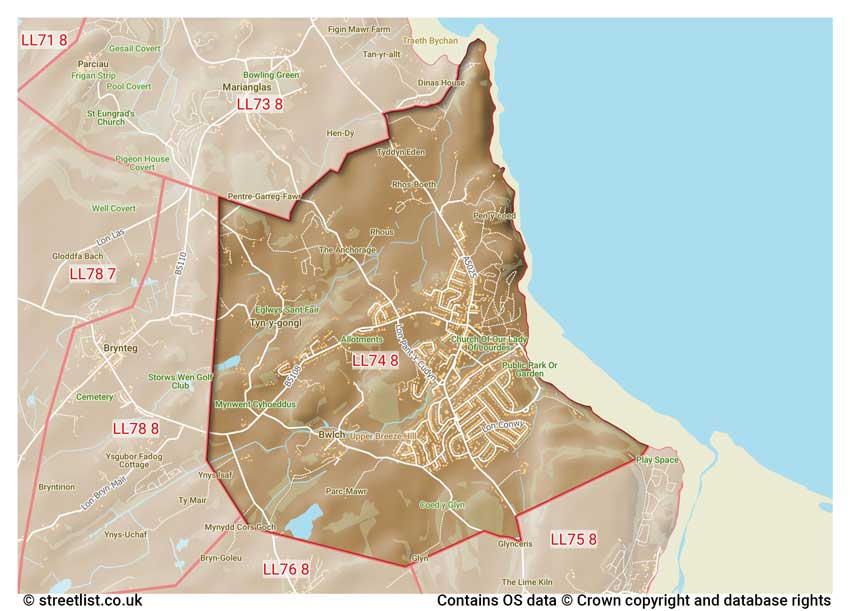 map showing postcode sectors within the LL74 district