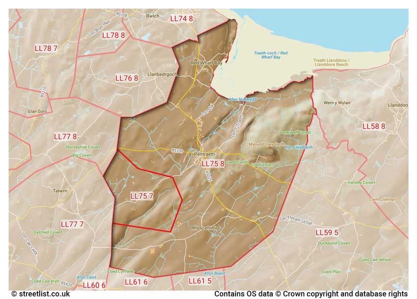 map showing postcode sectors within the LL75 district