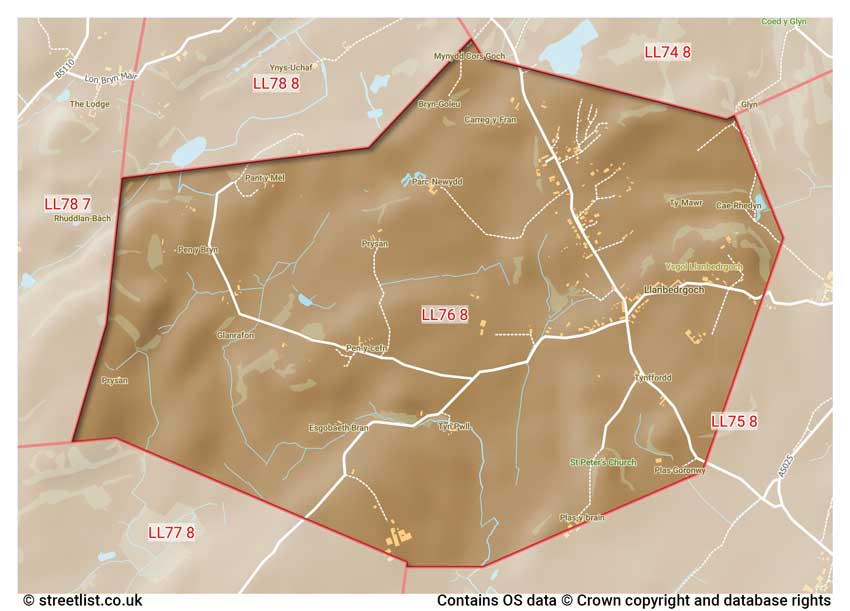 map showing postcode sectors within the LL76 district