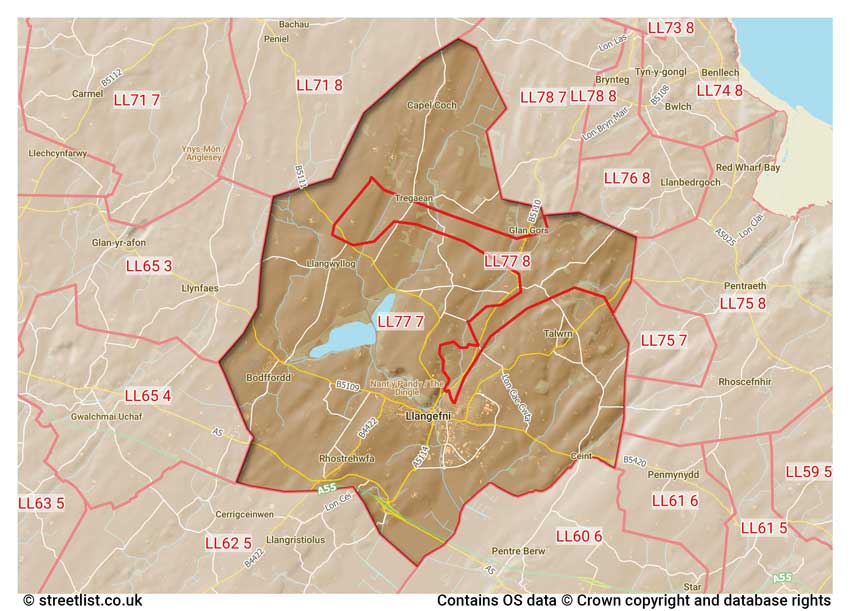 map showing postcode sectors within the LL77 district