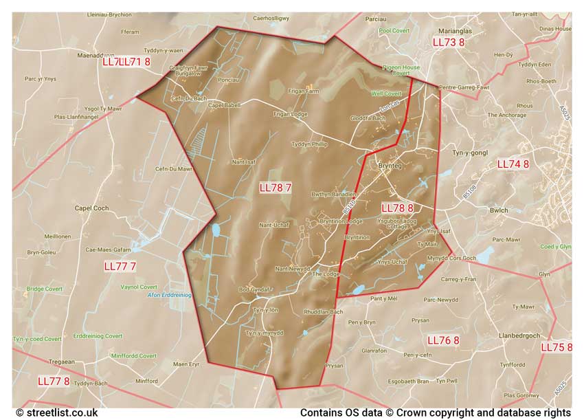 map showing postcode sectors within the LL78 district