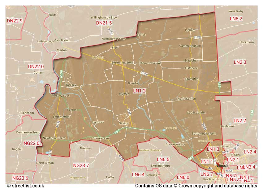 map showing postcode sectors within the LN1 district