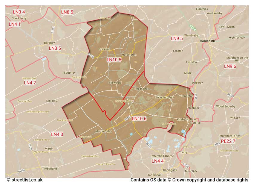 map showing postcode sectors within the LN10 district