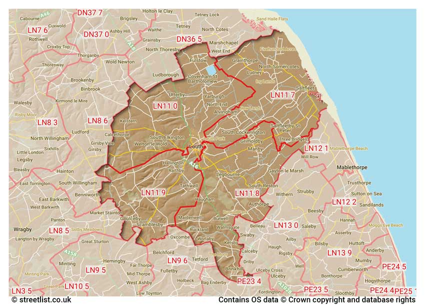 map showing postcode sectors within the LN11 district