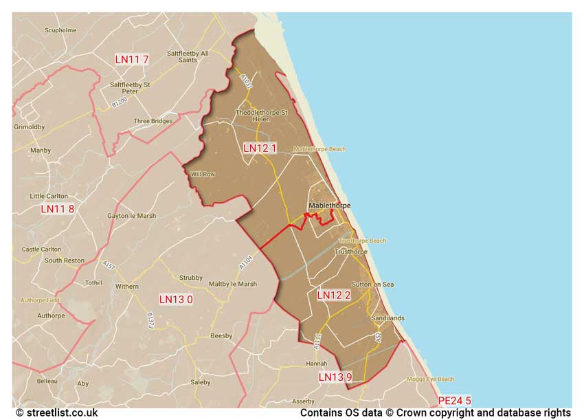 map showing postcode sectors within the LN12 district