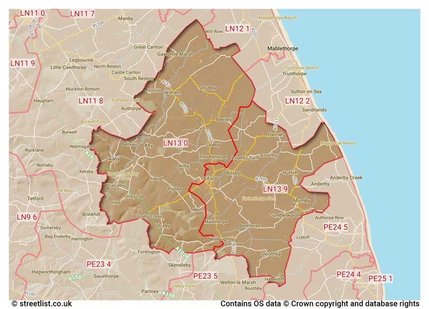 map showing postcode sectors within the LN13 district